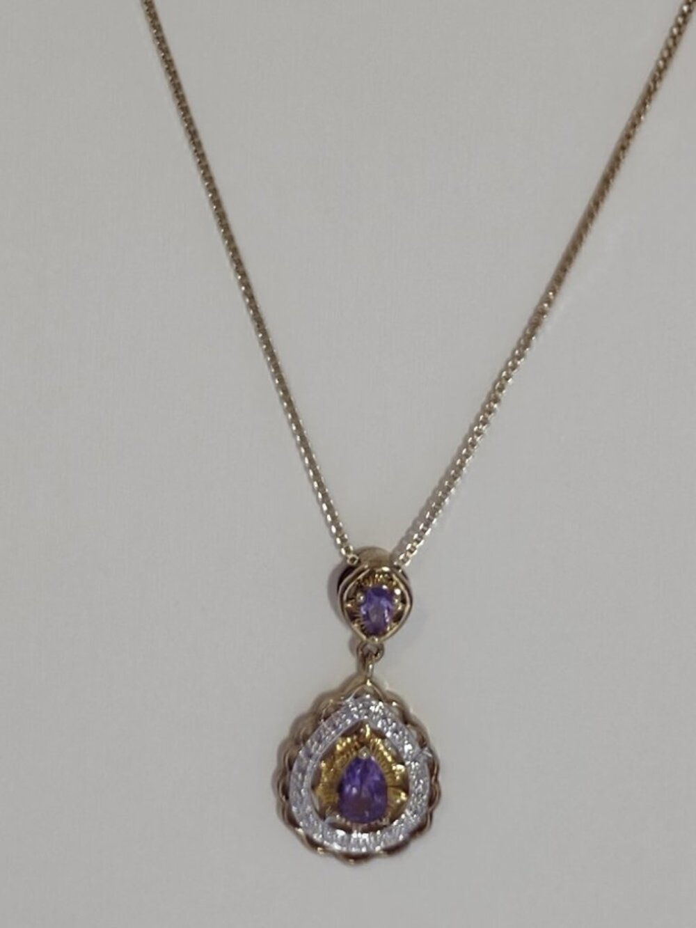 Necklace-2 Amethyst Stones Pendant- + 17.5" Box Chain - Sterling Silver 925 - Picture 2 of 14